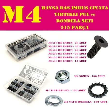515 Parça M4 Havşa Baş Imbus Civata Somun ve Pul Seti