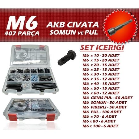 407 Parça M6 Akb Civata Seti + 8 Somun Adaptörü